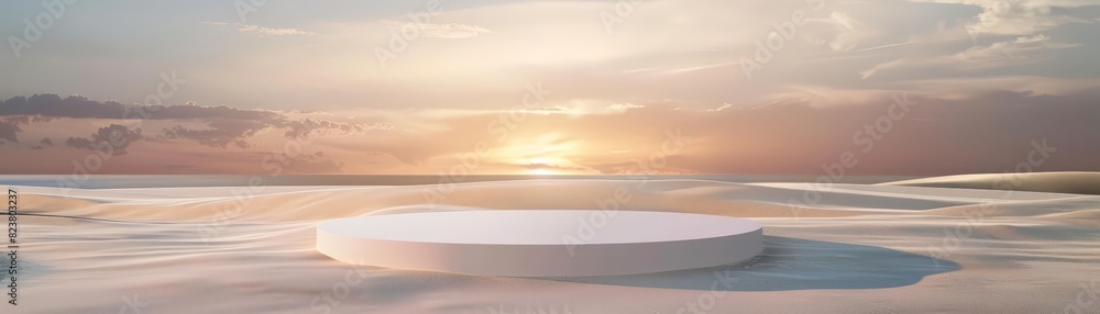 Fototapeta premium A white podium in round-shaped placed on the beach with the beautiful sunset over the ocean 
