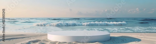 A white round-shape podium on the sand a beautiful beach with white sand and crystal clear water with a bright, colorful sunset background