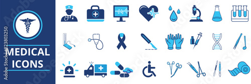 Medical icon set  on white background. Health symbols, icon. Doctor, medicine, healthcare, nurse, pills, hospital, treatment,  clinic and more. Solid medical icons, vector set. Vector illustration.
