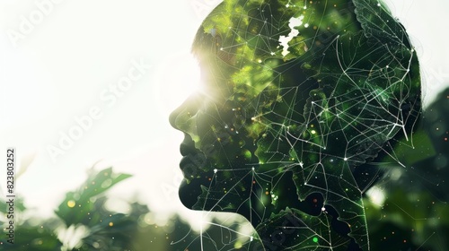 a human head in profile, made up of a green forest. The head is looking towards the light. The image is about the connection between humans and nature. photo