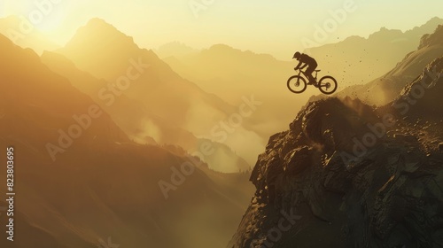 A man is riding a bike down a mountain with the sun setting in the background