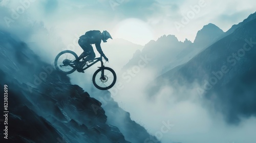 A man is riding a bike down a mountain with the sun setting in the background