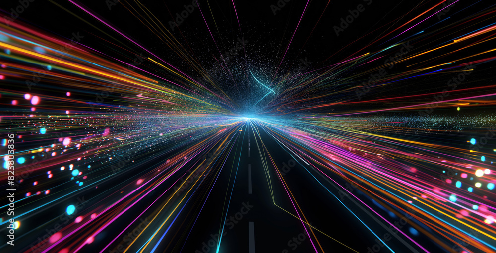 A colorful light beam emanates from a tunnel adorned with purple, magenta, and blue neon lights, representing the flow of data. Perfect for illustrating digital innovation. Generative AI. A colorful light beam emanates from a tunnel adorned with purple, magenta, and blue neon lights, representing the flow of data. Perfect for illustrating digital innovation. Generative AI.