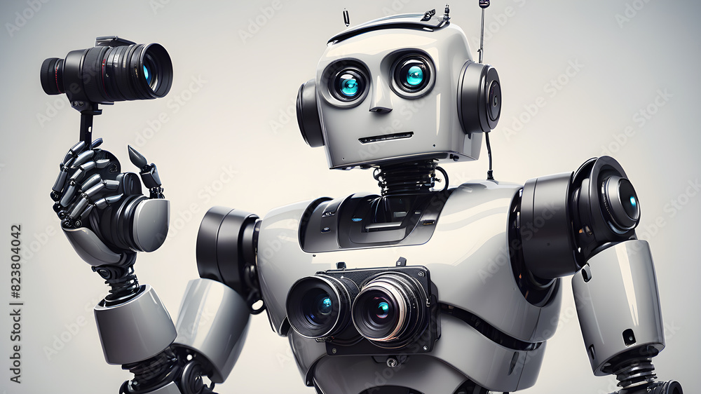 Photographer robot taking photos on the street, Generative AI Photographer robot taking photos on the street, Generative AI