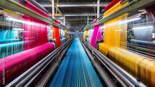 An image of workers in a textile factory operating weaving machines, with colorful threads and fabrics, captured in sharp detail by a professional photographer