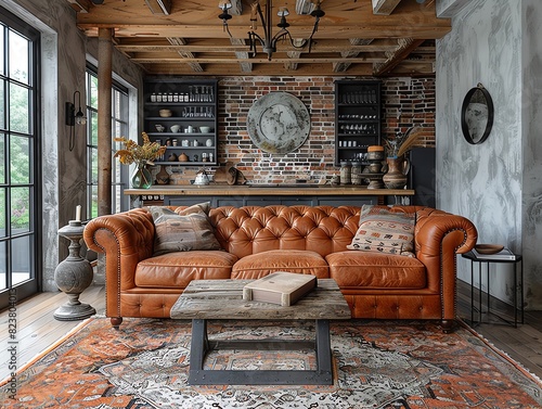 An industrialstyle living room with a leather sofa and metal coffee table photo