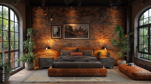 An industrialstyle bedroom with metal bed frame and Edison bulb lighting photo
