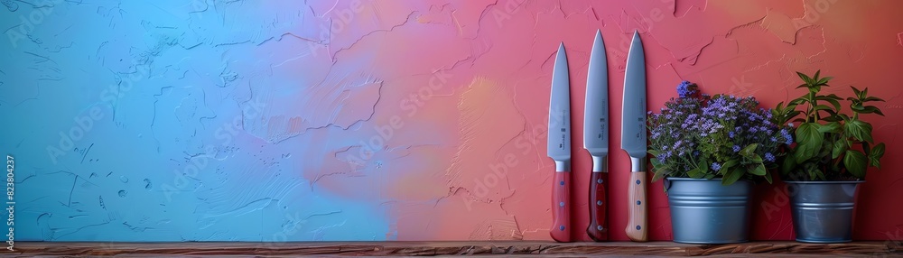 Vibrant kitchen knives and fresh herbs on a wooden table against a colorful background. Vibrant kitchen knives and fresh herbs on a wooden table against a colorful background.