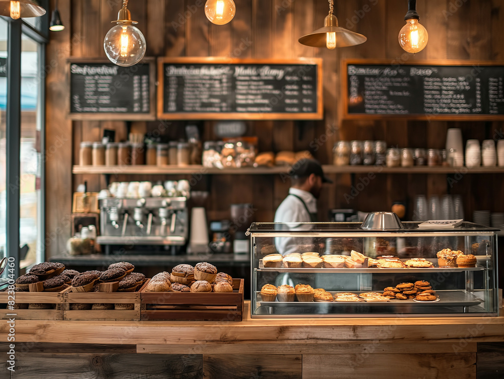 A bakery with a menu board and a man behind the counter A bakery with a menu board and a man behind the counter