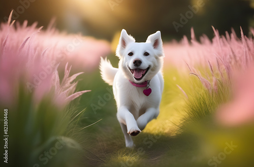 A white dog joyfully runs across the grass on a sunny day to a girl in a pink dress