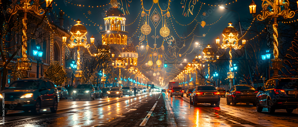 A street decorated with Islamic-themed lights and patterns for Eid-al-Adha, with families walking and celebrating