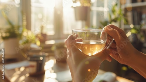 The close up picture of the person is holding the cup of the clear tea by their own hand to relax inside the living room for the relaxation near the window that has been shine with sunlight. AIG43.