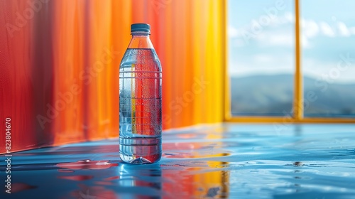 A bottle of water sits on a wet table. The background is a blurred view of a colorful sunset.