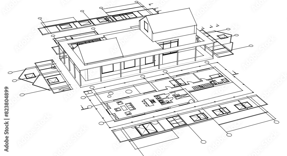 house architectural project sketch 3d illustration	