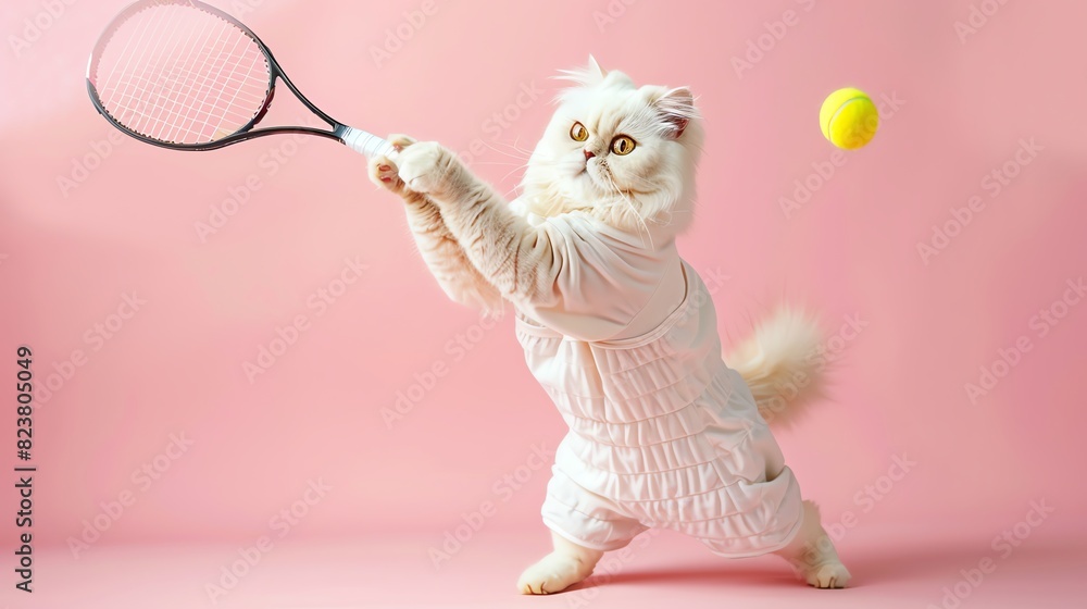 Fototapeta premium A fluffy white cat in a tennis outfit is playing tennis