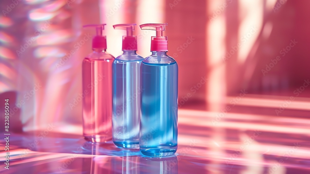 Enhance the colors of this image and make it look surreal. Make the background pink and blue and the bottles blue and pink. Enhance the colors of this image and make it look surreal. Make the background pink and blue and the bottles blue and pink.