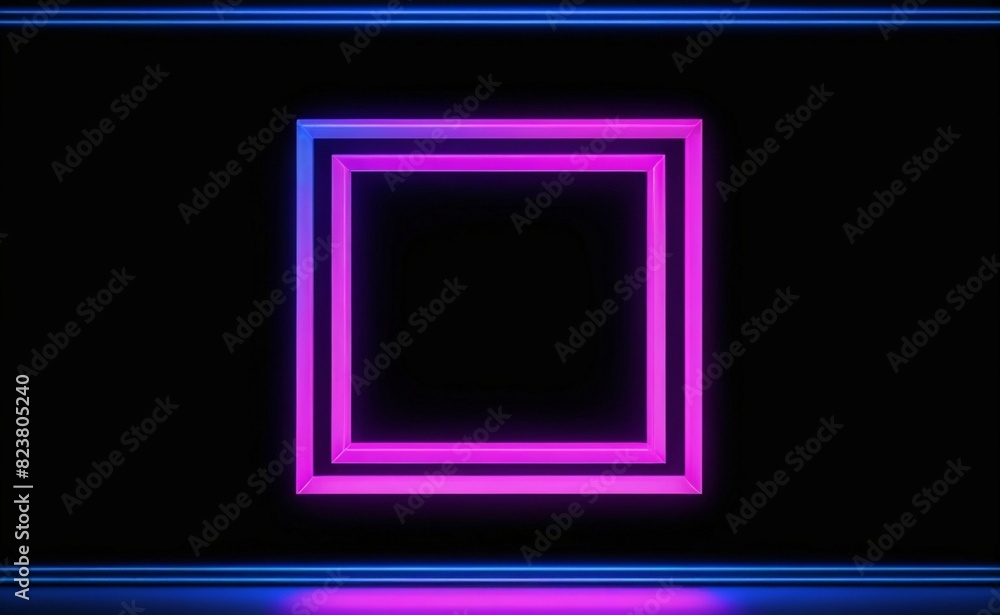 Square rectangle picture frame with two tone neon color motion graphic on isolated black background. Blue and pink light moveing for overlay element. 3D illustration rendering. Empty copy space middle Square rectangle picture frame with two tone neon color motion graphic on isolated black background. Blue and pink light moveing for overlay element. 3D illustration rendering. Empty copy space middle