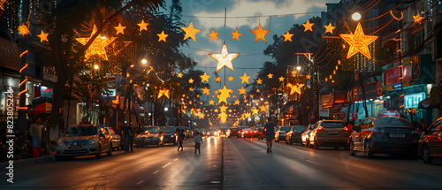 A street decorated with star and crescent lights for Eid-al-Adha, with families walking and celebrating photo