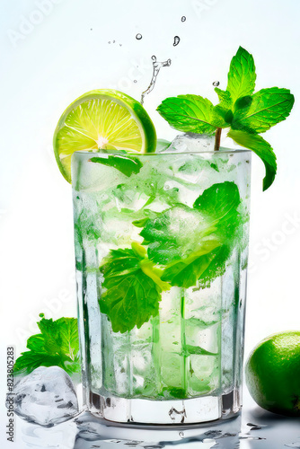 Colorful refreshing mojito with ice and splashes on white background. Bright colors of summer cold drink