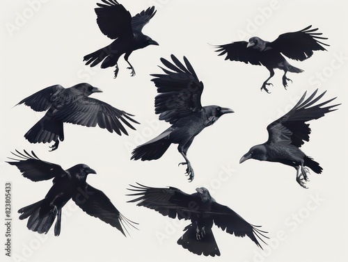 black crows flight from different angles, isolated photo