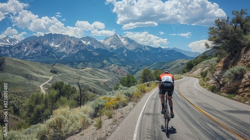 A man is riding a bicycle down a road in the mountains © OZTOCOOL