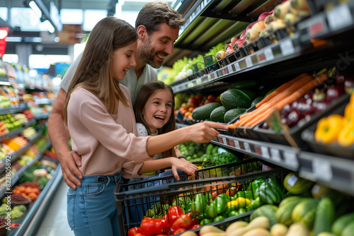 A Caucasian family is shopping for fresh fruits and vegetables in a department store.
