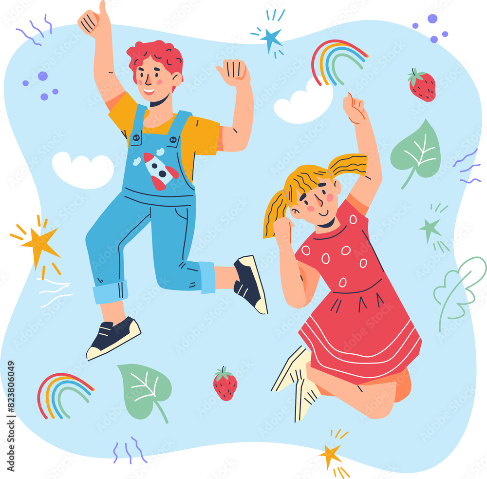 Cheerful kids jumping high up, happy active kids characters for educational and children's entertainment projects. Cheerful kids jumping high up, happy active kids characters for educational and children's entertainment projects.
