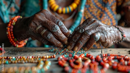 A close-up photo of a skilled artisan's hands working on a delicate piece of handcrafted jewelry. 