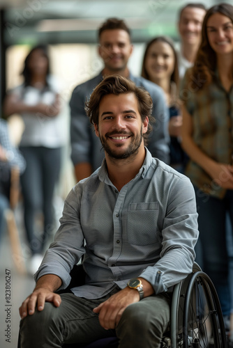 Young man in a wheelchair works with normal people with confidence in the office.