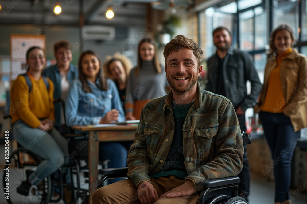 Young man in a wheelchair works with normal people with confidence in the office. Young man in a wheelchair works with normal people with confidence in the office.