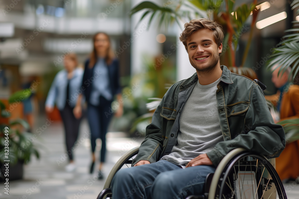 Obraz premium Young man in a wheelchair works with normal people with confidence in the office.