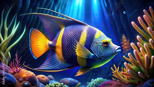 Close-up of a brilliant angelfish swimming near colorful coral reefs photo