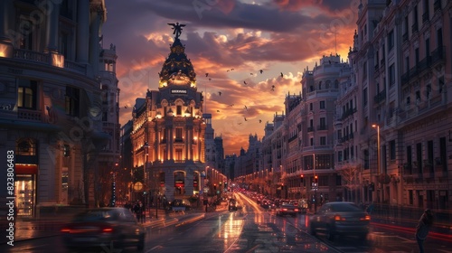 spain twilight street gran skyline city madrid sunset europa night landscape famous traffic view light architecture landmark metropolis evening place downtown travel spanish building scene