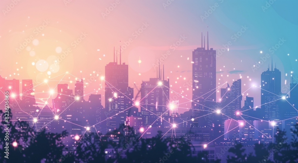 Fototapeta premium A smart city with interconnected technology, featuring digital connections between buildings and skyscrapers