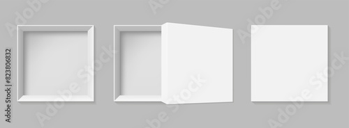 Window with top view. Сardboard closed gift box empty paper bag. Blank packaging model for packaged product, gift, surprise. Vector illustration