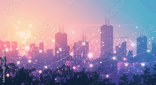 A smart city with interconnected technology  featuring digital connections between buildings and skyscrapers