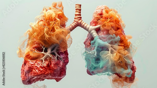 Pulmonology illustration of effects of smoking on the lungs showing healthy vs damaged lung tissue photo