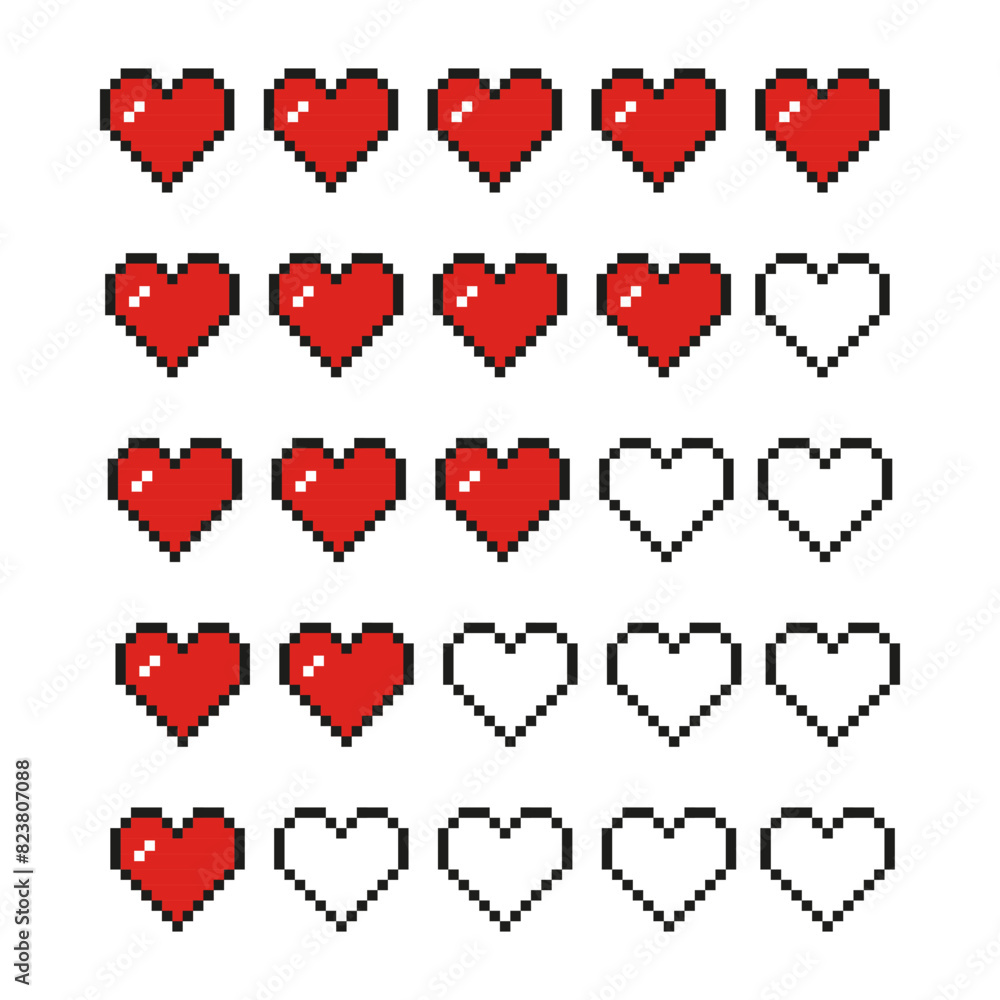 Health bar heart shape pixel style element. 8bit health indicator. Health points bar in a video game. Vector illustration Health bar heart shape pixel style element. 8bit health indicator. Health points bar in a video game. Vector illustration