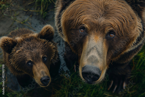  A mother bear and her cub gaze up at the camera in a natural setting, exuding a sense of curiosity and innocence. Perfect for illustrating the beauty of wildlife encounters. Generative AI.