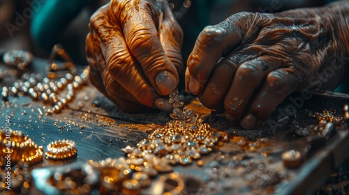 A close-up photo of a skilled artisan's hands working on a delicate piece of handcrafted jewelry.  photo