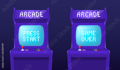 Arcade game screen. Retro 80s. Start of the game and game interface screen. The arcade machine starts the game and the game ends on the interface screen. Vector illustration