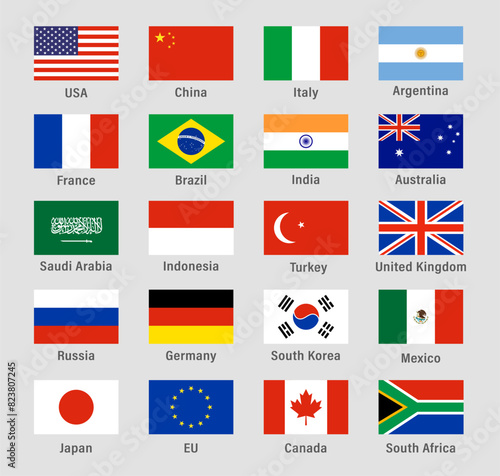 Free Download G20 Countries Flag set icon. G20 countries - major economies of the world. Official Group of Twenty flag labels. International financial summit forum meeting flags symbols. Vector illustration - GFXLoad