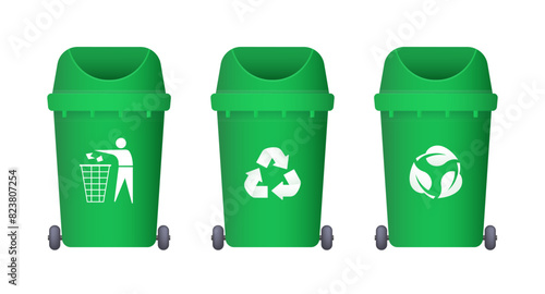 Vector green trash can. Ecology and recycling concept. Recycling symbols. Vector illustration