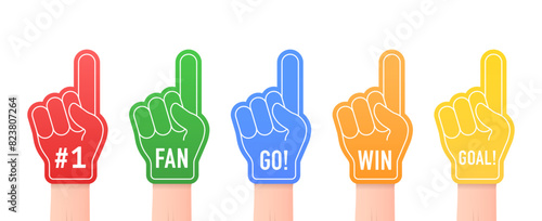 Hands up with glove with number one, stadium supporter pride accessory, football victory symbol, success vector concept. Number one fan glove, sign of support for sports concept. Vector illustration