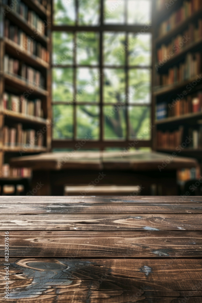 A wooden table in the foreground with a blurred background of a library reading room. The background features tall bookshelves filled with books, comfortable reading chairs and large windows A wooden table in the foreground with a blurred background of a library reading room. The background features tall bookshelves filled with books, comfortable reading chairs and large windows