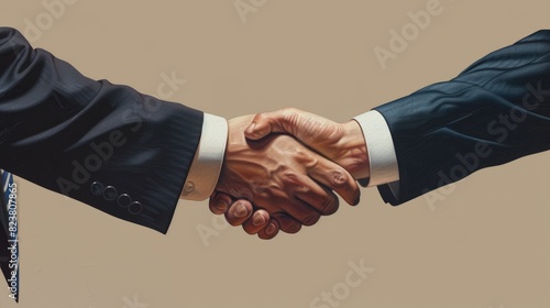 Two businesspeople in suits shaking hands after a successful meeting