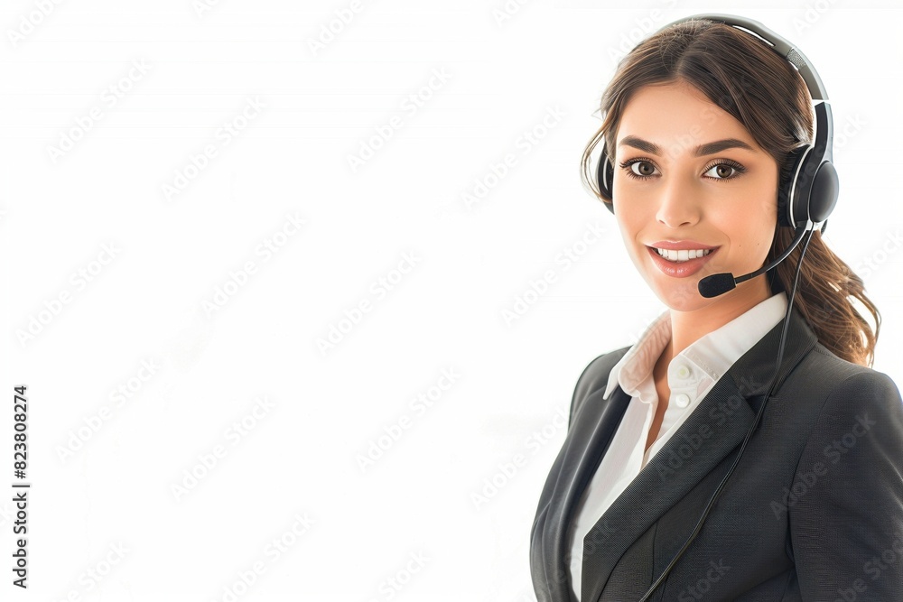 A photorealistic image of a call center representative, a woman with captivating beauty, engaged in a conversation with a customer. She speaks into her headset, her eyes focused to the right side of t A photorealistic image of a call center representative, a woman with captivating beauty, engaged in a conversation with a customer. She speaks into her headset, her eyes focused to the right side of t