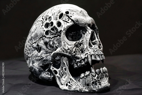 Illustration of a vampire skull with large fangs on a dark background