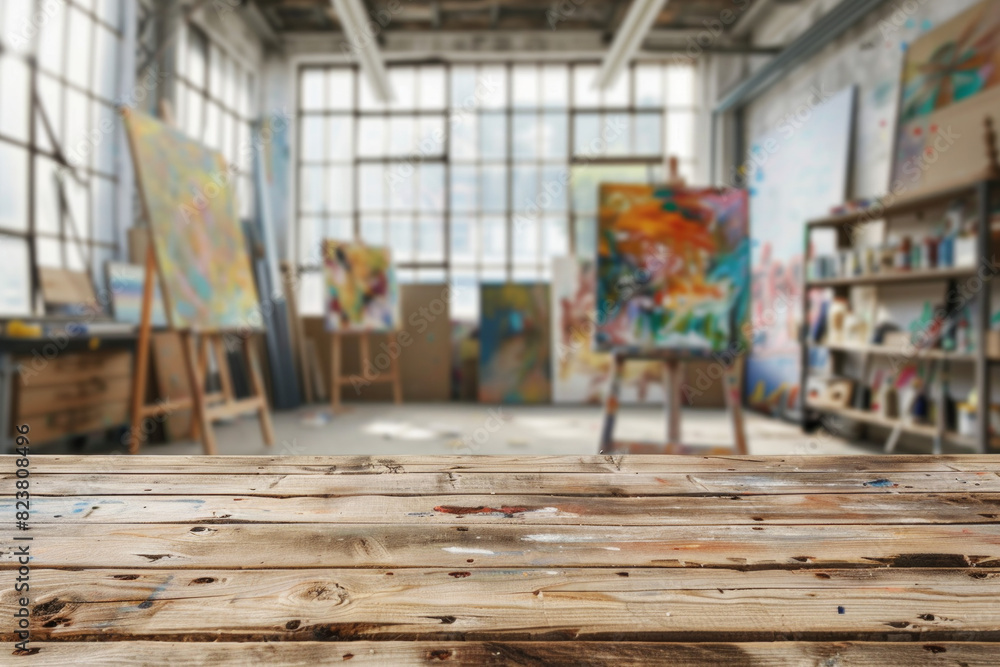 A wooden table in the foreground with a blurred background of an art studio. The background includes easels with canvases, paintbrushes, palettes, colorful paintings on the walls, and shelves A wooden table in the foreground with a blurred background of an art studio. The background includes easels with canvases, paintbrushes, palettes, colorful paintings on the walls, and shelves