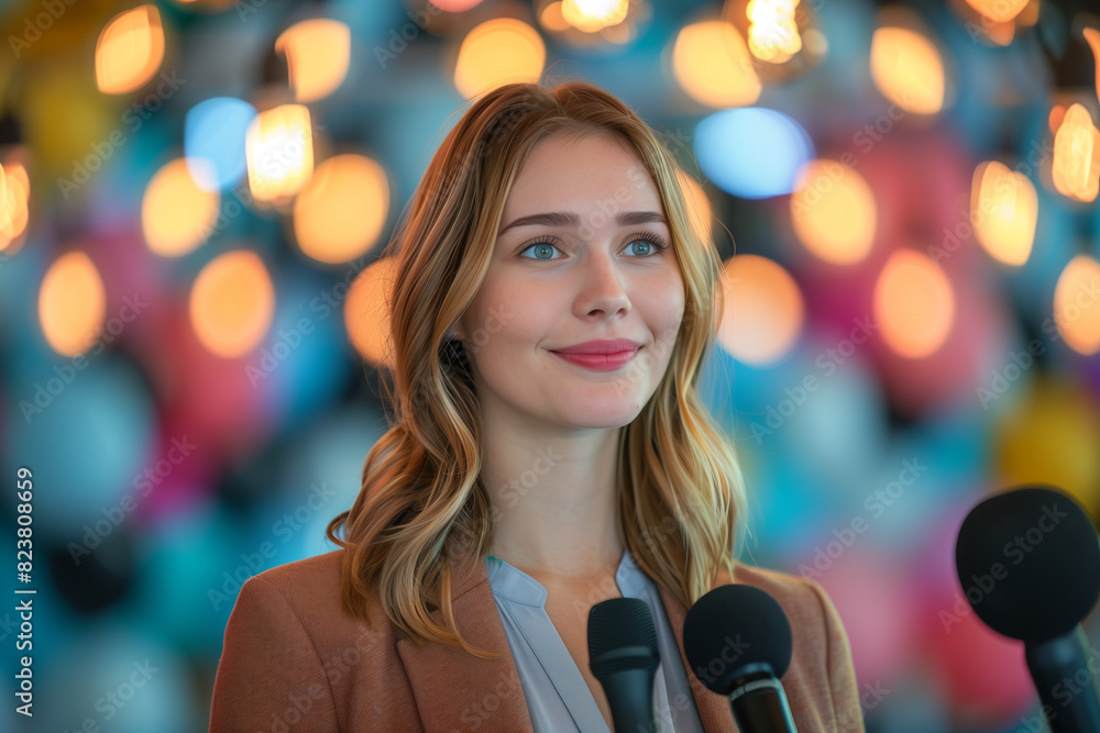 A Caucasian businesswoman is being interviewed with a microphone by several reporters. A Caucasian businesswoman is being interviewed with a microphone by several reporters.